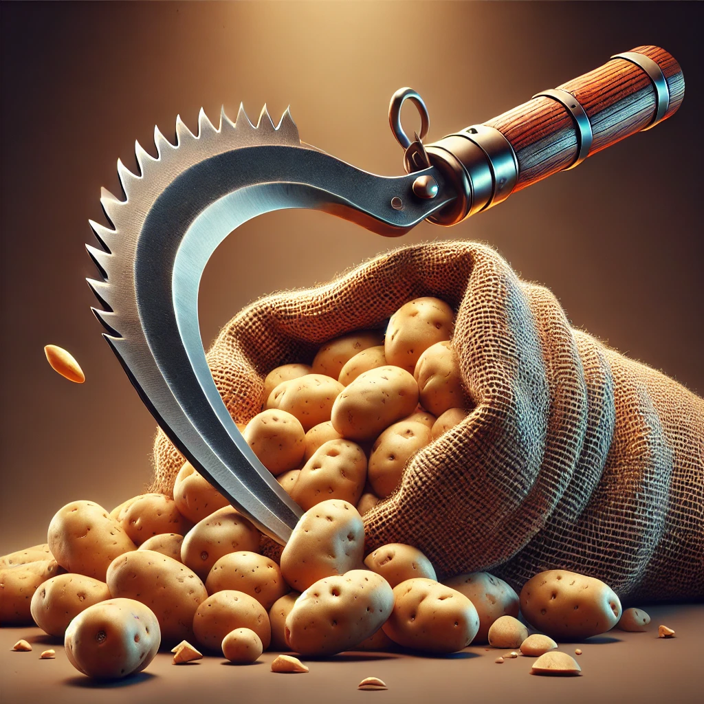 DALL·E 2024-11-06 23.23.46 — A 3D-style illustration of a classic sickle cutting through a sack of potatoes. The sickle features a traditional curved metallic blade and a wooden h